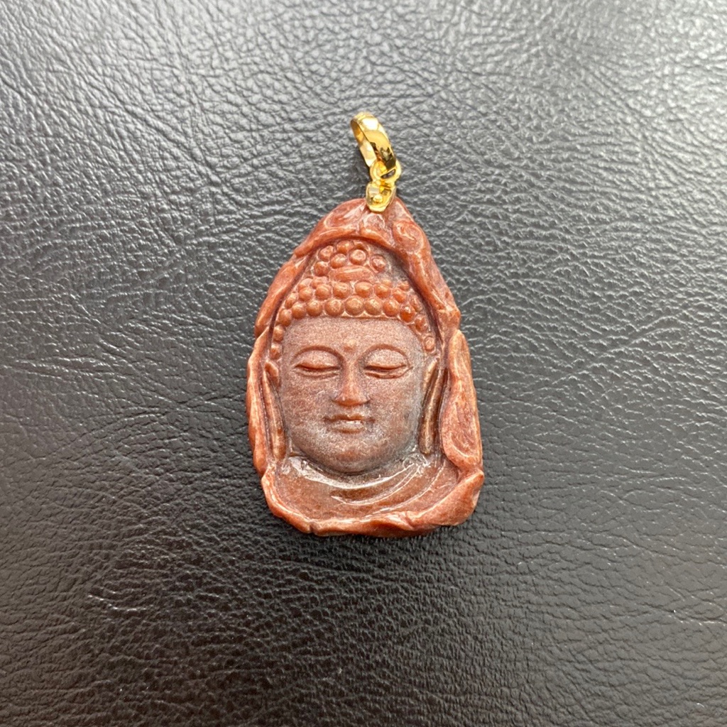 14k Solid Real Gold Carved Natural Red Jade Zen Buddha Head Buddhist Pendant